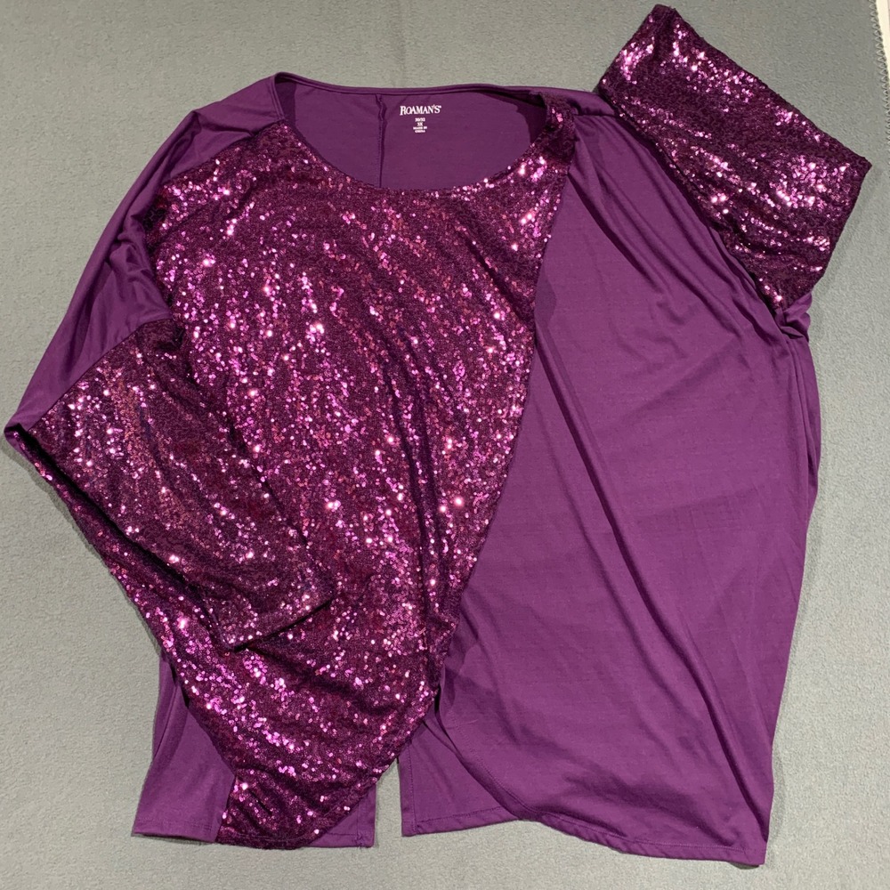 Roamans Purple Sequinβ Top Plus Size 3X Women's Party Sparkle Blouse
